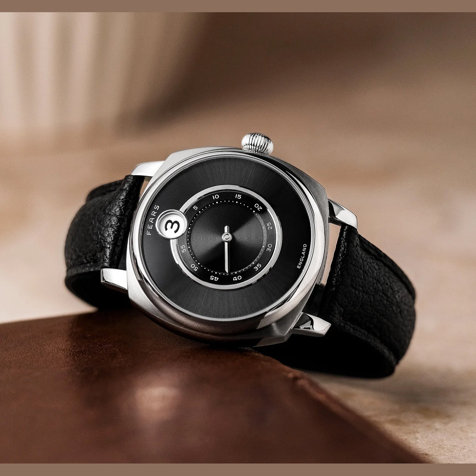 Fears BS240.500A.113.047 Brunswick 40.5 Jump Hour Raven Black on Buffalo Leather Strap