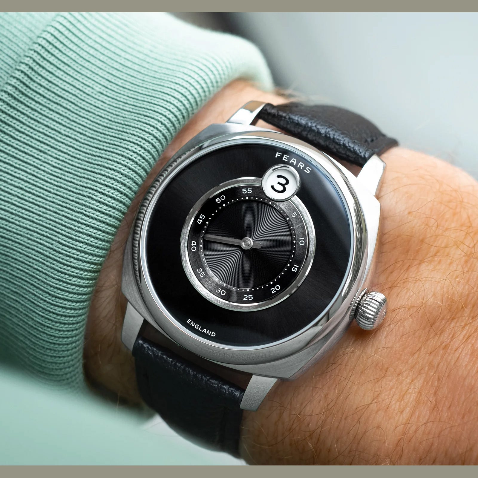 Fears BS240.500A.113.047 Brunswick 40.5 Jump Hour Raven Black on Buffalo Leather Strap