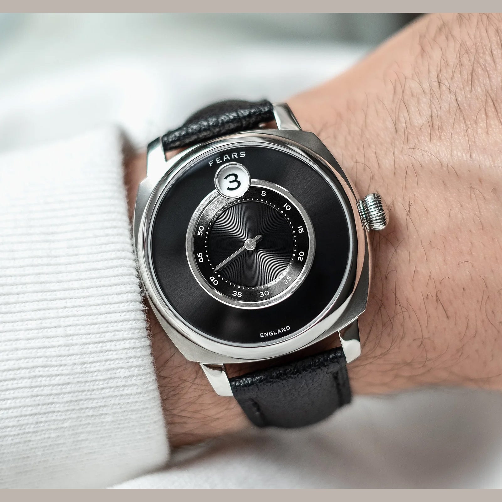 Fears BS240.500A.113.047 Brunswick 40.5 Jump Hour Raven Black on Buffalo Leather Strap