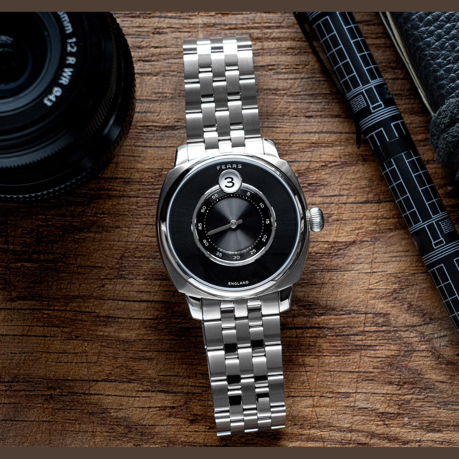 Fears BS240.500A.113.002 Brunswick 40.5 Jump Hour Raven Black on Stainless Steel Bracelet