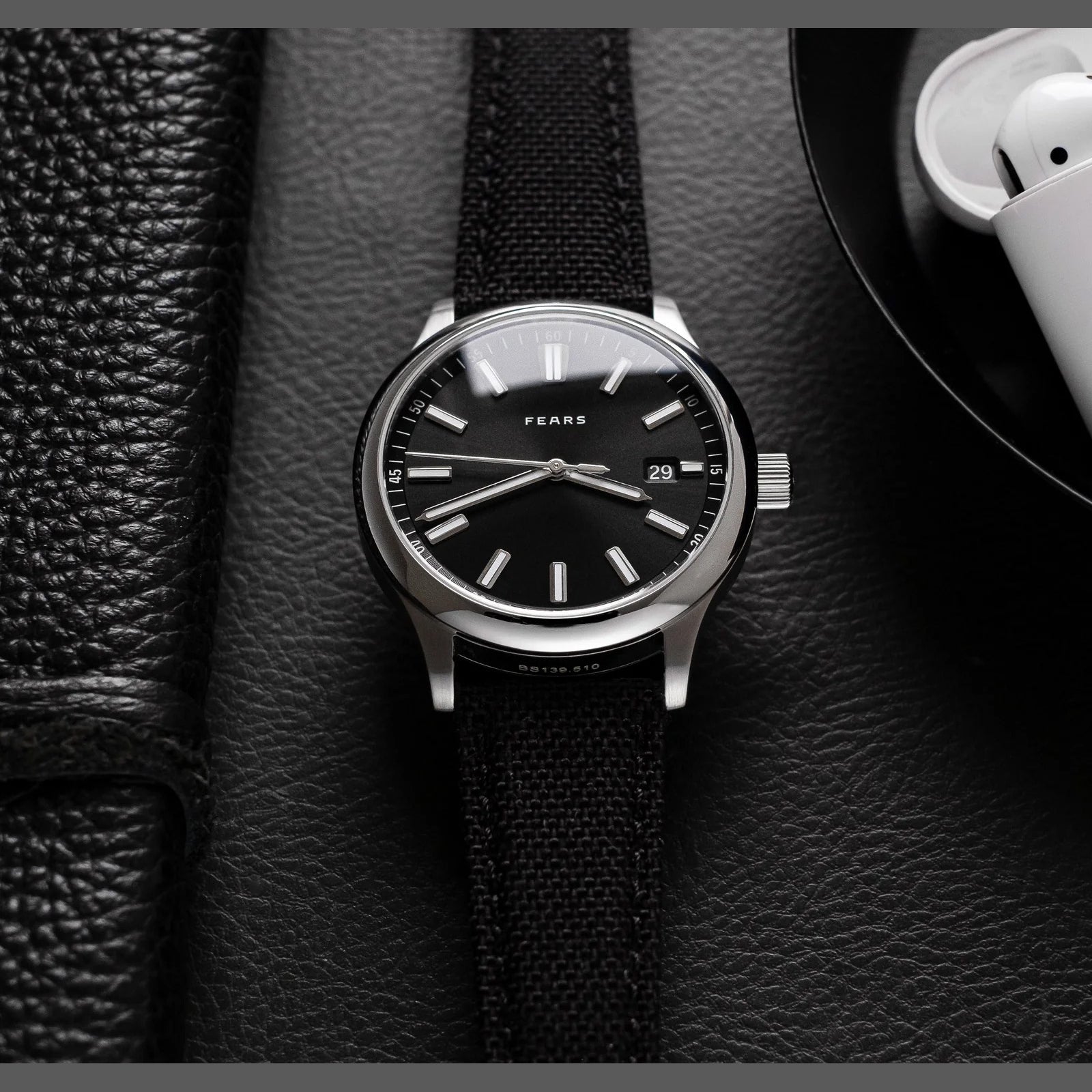 Fears BS139.510.041.047 Redcliff 39.5 Date Raven Black on Buffalo Leather Strap