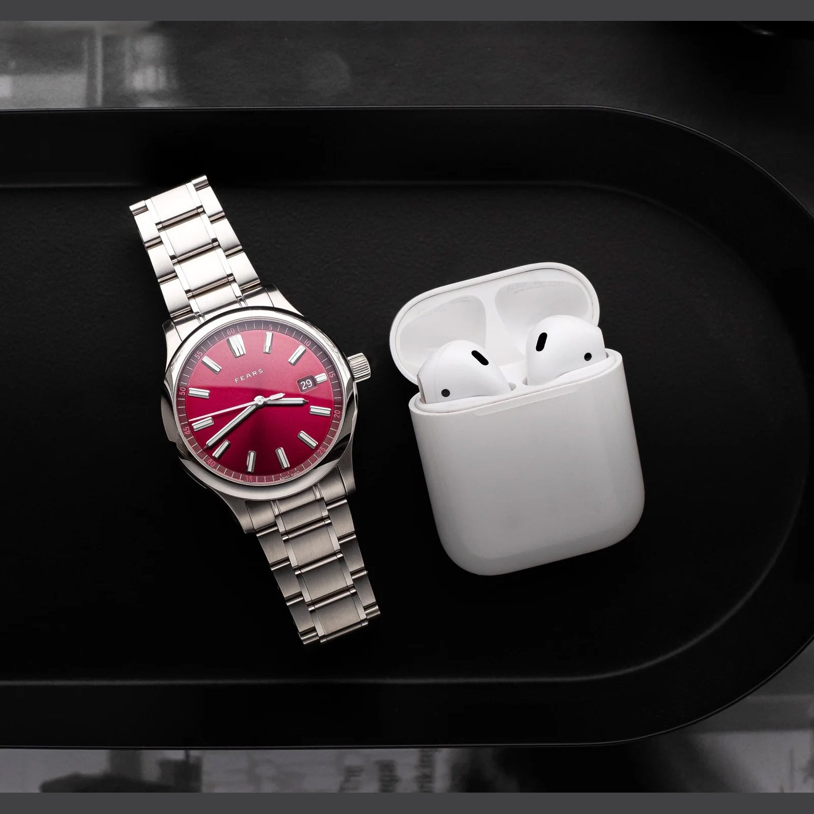 Fears BS139.510.042.123 Redcliff 39.5 Date Cherry Red on Stainless Steel Bracelet