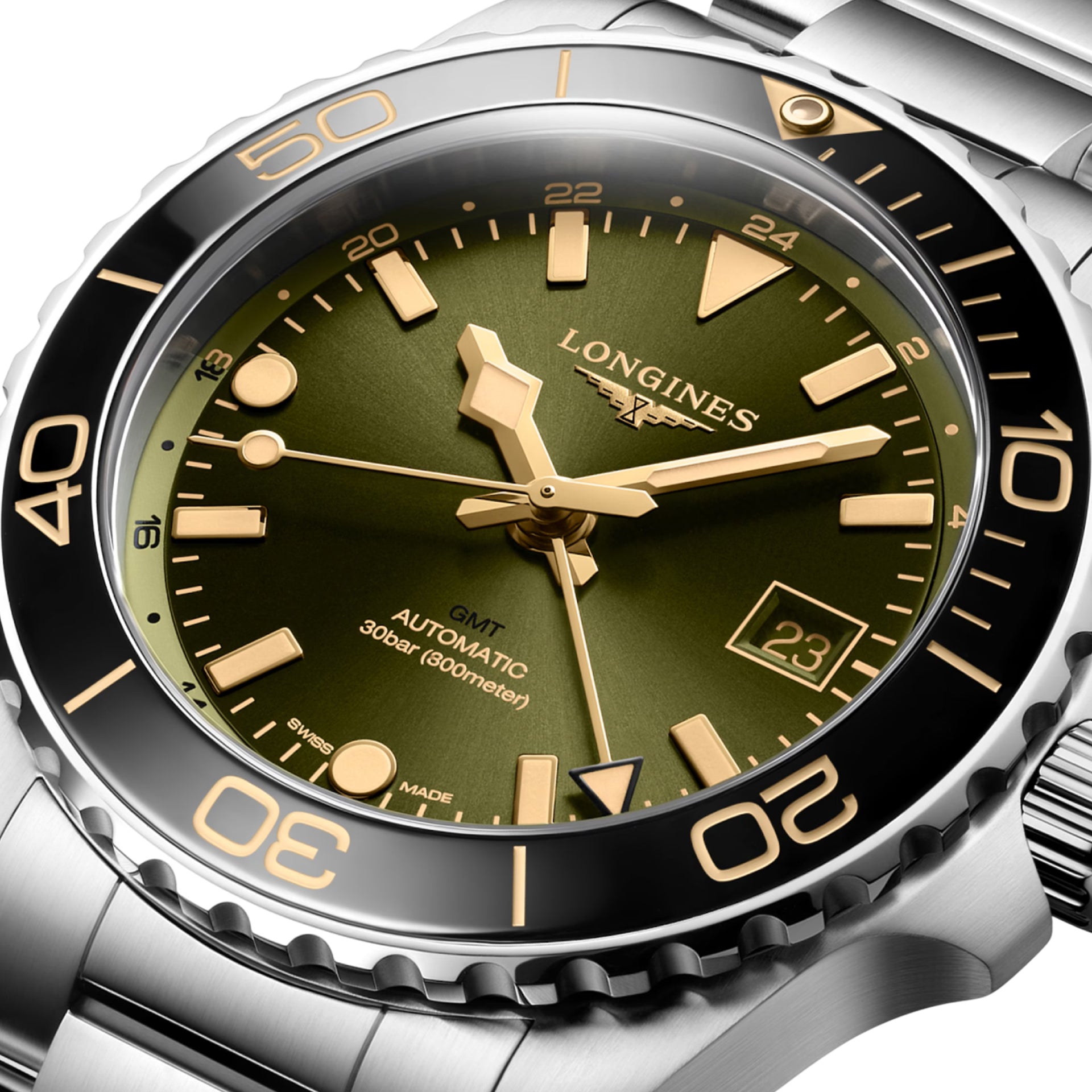 Longines Hydroconquest L3.790.4.06.6 GMT Sunray Green Dial on Bracelet