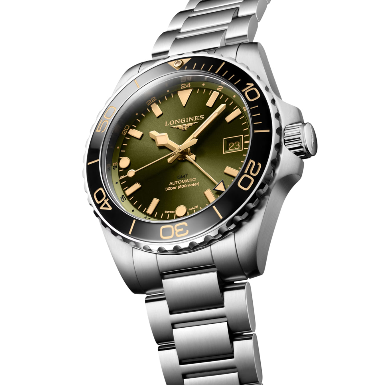 Longines Hydroconquest L3.790.4.06.6 GMT Sunray Green Dial on Bracelet