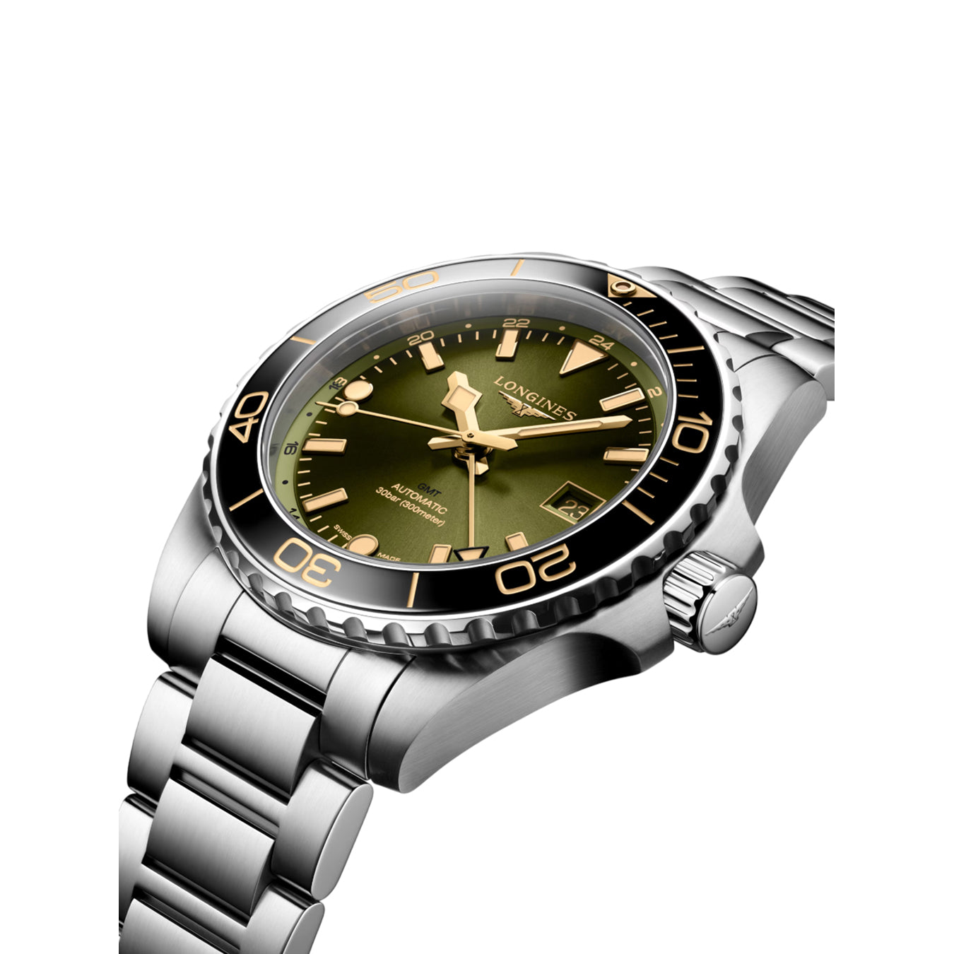 Longines Hydroconquest L3.790.4.06.6 GMT Sunray Green Dial on Bracelet