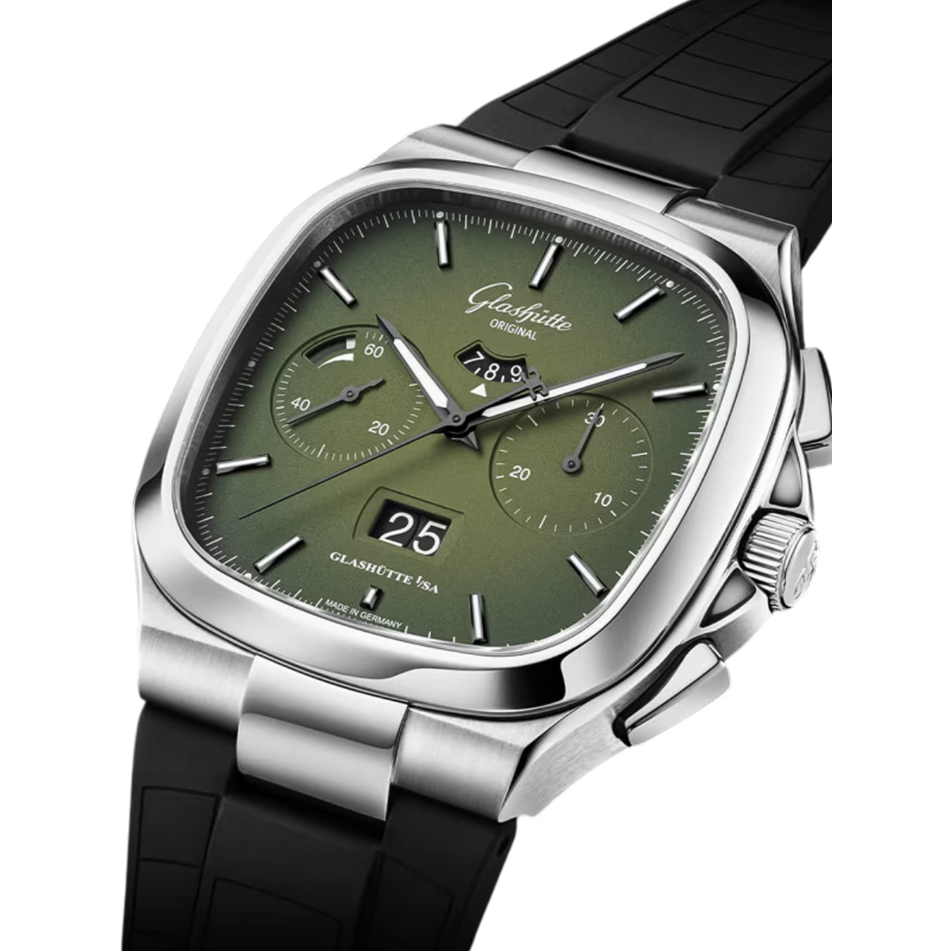 Glashütte Original Seventies Chronograph Panorama Date Fab Green on Rubber Strap