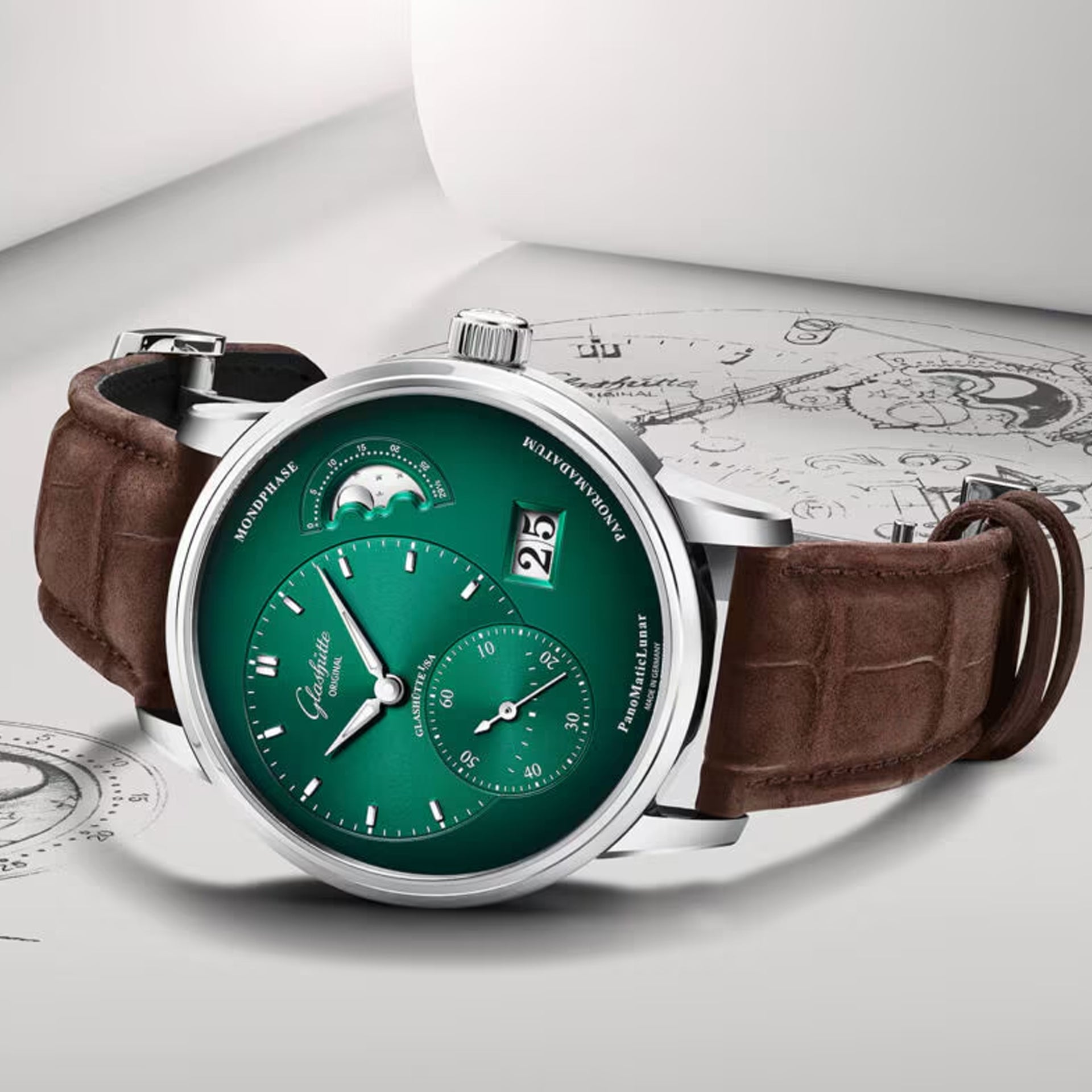 Glashütte Original PanoMaticLunar Green Dial on Leather Strap