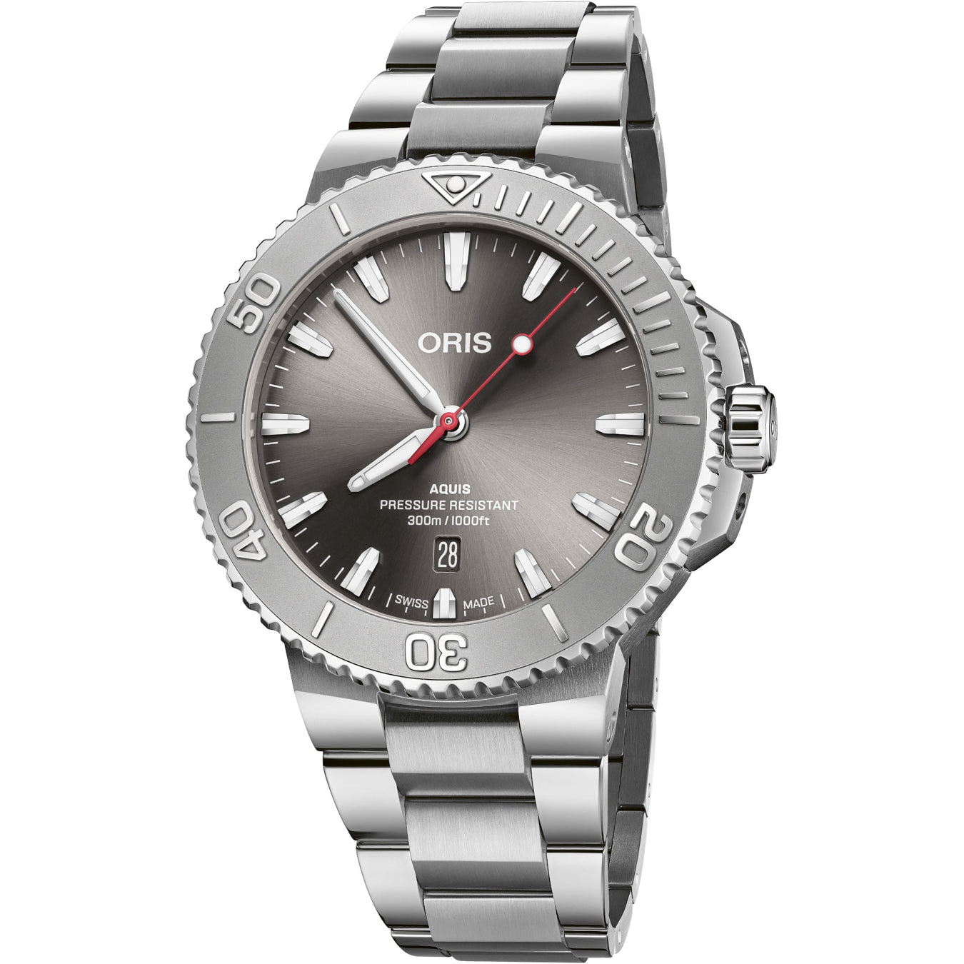 Oris 01 733 7789 4153-07 8 23 04PEB Aquis Date Relief Silver Dial On Bracelet