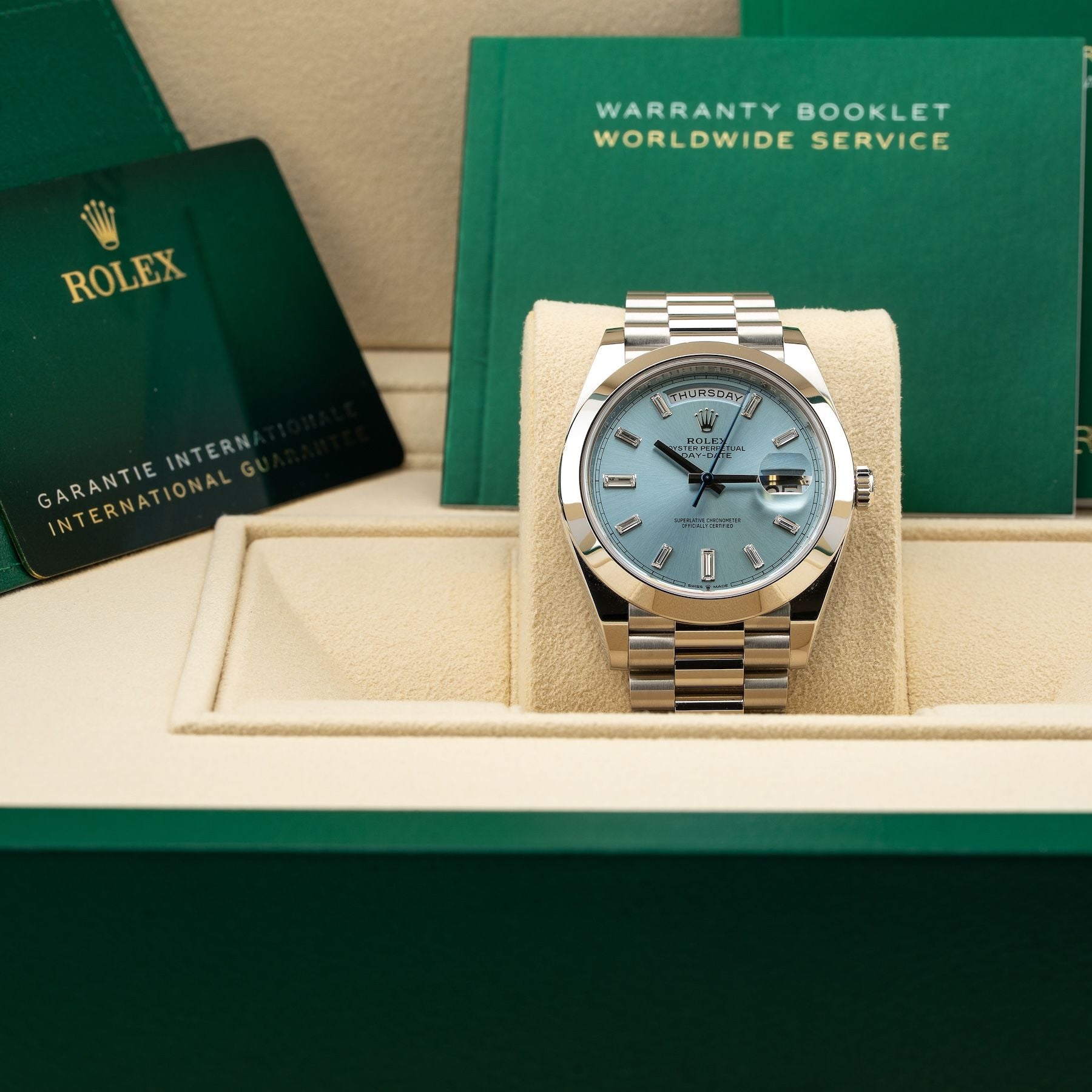 Rolex M228206-0002 Day Date 40 Platinum Ice Blue with Diamonds