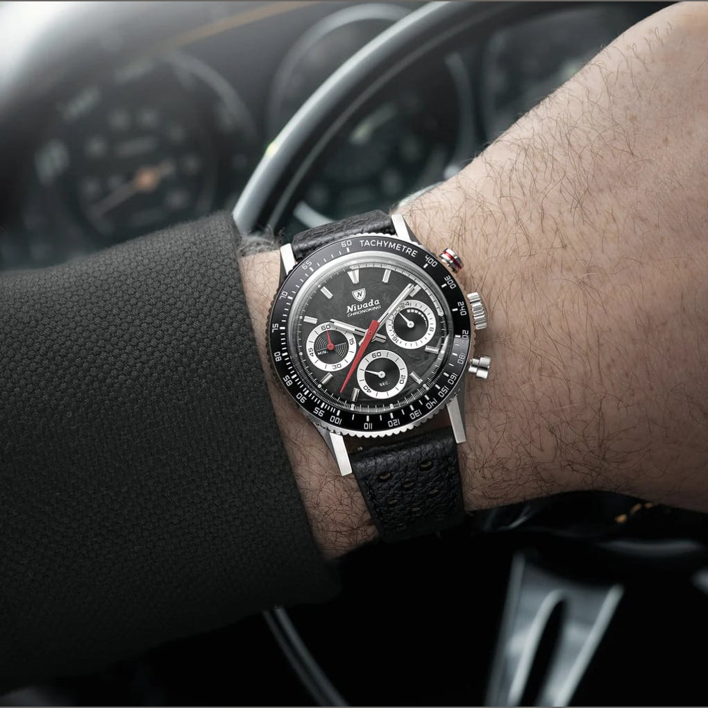 Nivada Grenchen 87048Q20 Chronoking Mecaquartz Racing Black On Bracelet Flat Link