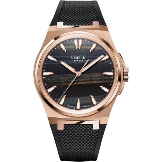 Czapek Antarctique Mount Erebus Rose Gold Falcon Eye on Rubber Strap
