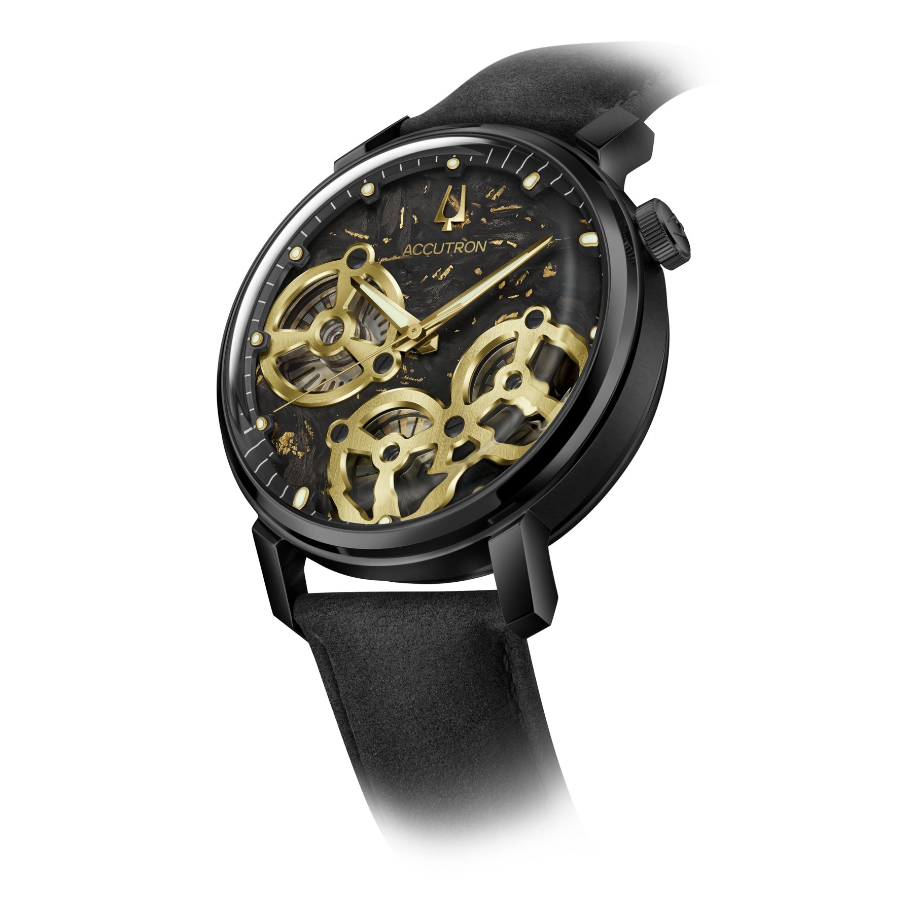 Black and gold Accutron watch on a white background