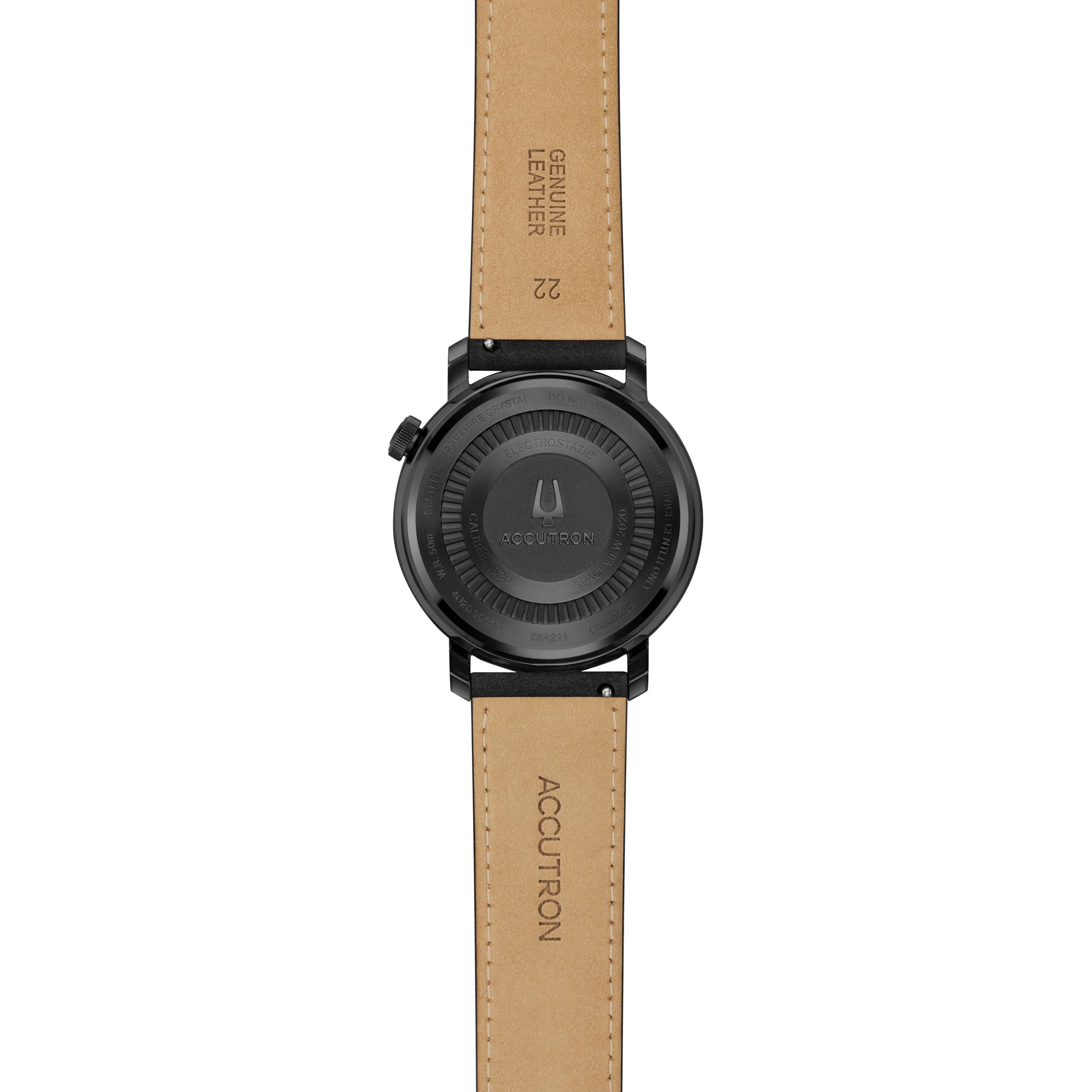 Black watch with a tan leather strap on a white background