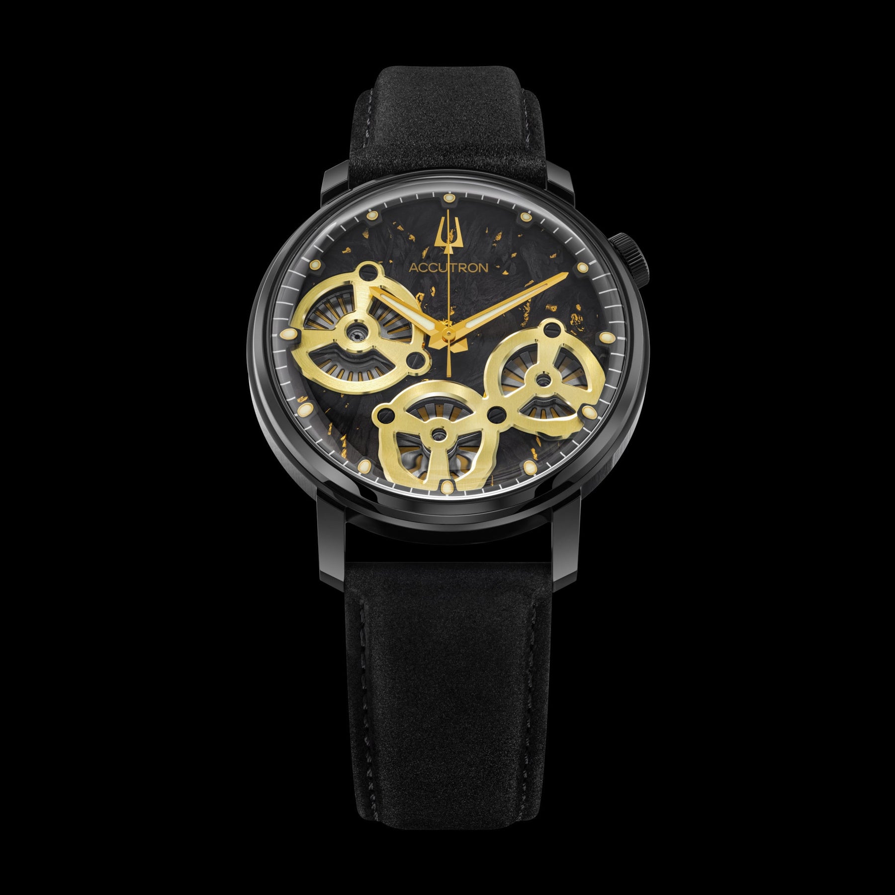 Luxury watch with black strap and gold mechanical details on a black background
