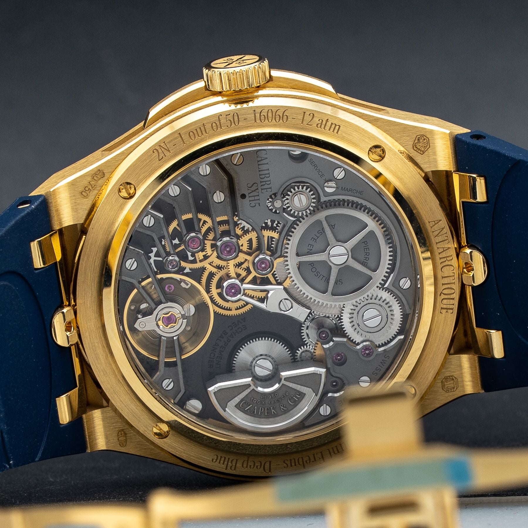 Czapek Antarctique Mount Erebus Deep Blue Yellow Gold on Rubber Strap