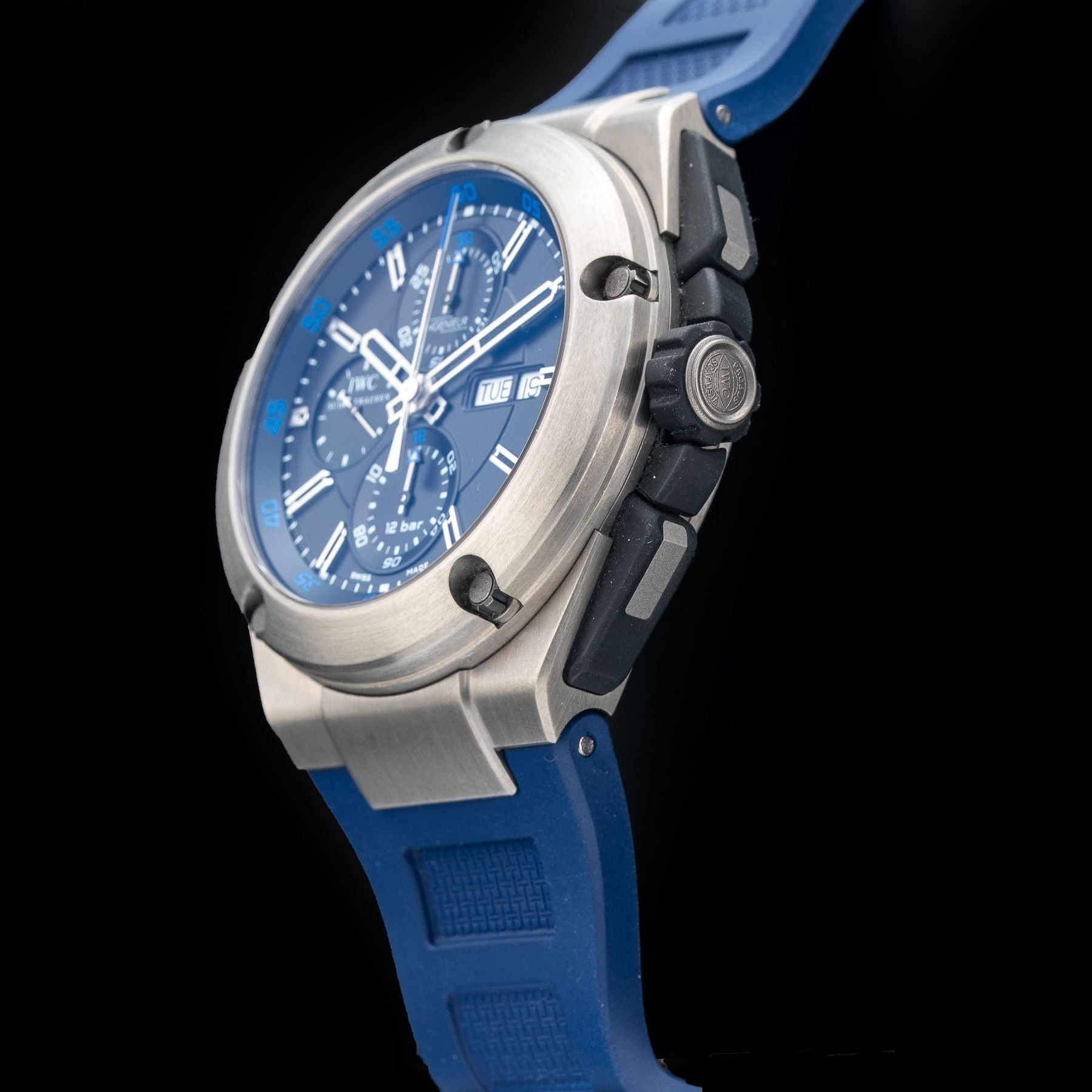 IWC IW376501 Ingenieur Double Chronograph Titanium Certified 45mm Blue Rubber Strap