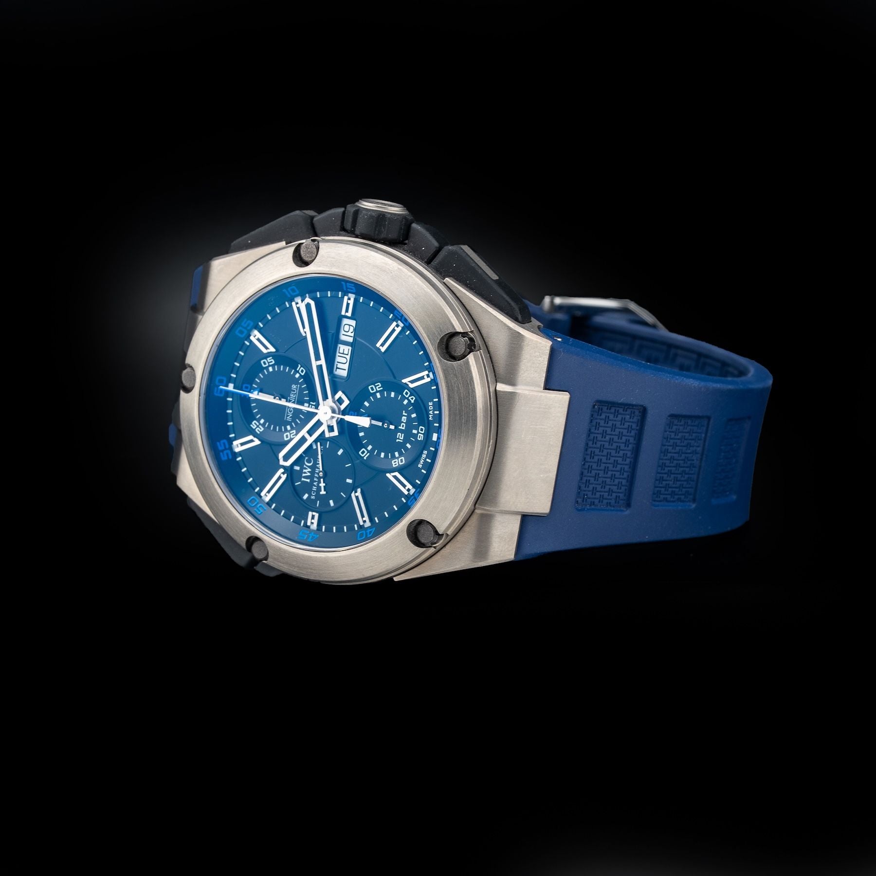 IWC IW376501 Ingenieur Double Chronograph Titanium Certified 45mm Blue Rubber Strap