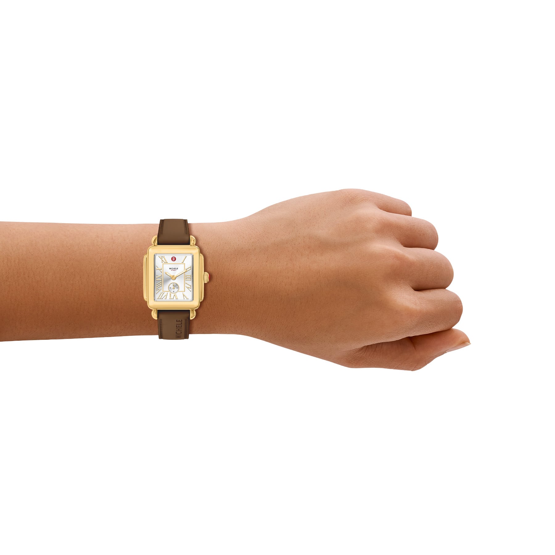 Michele Women's Deco Sport Mid Gold-Tone Brown Silicone Watch, Mww06H000008