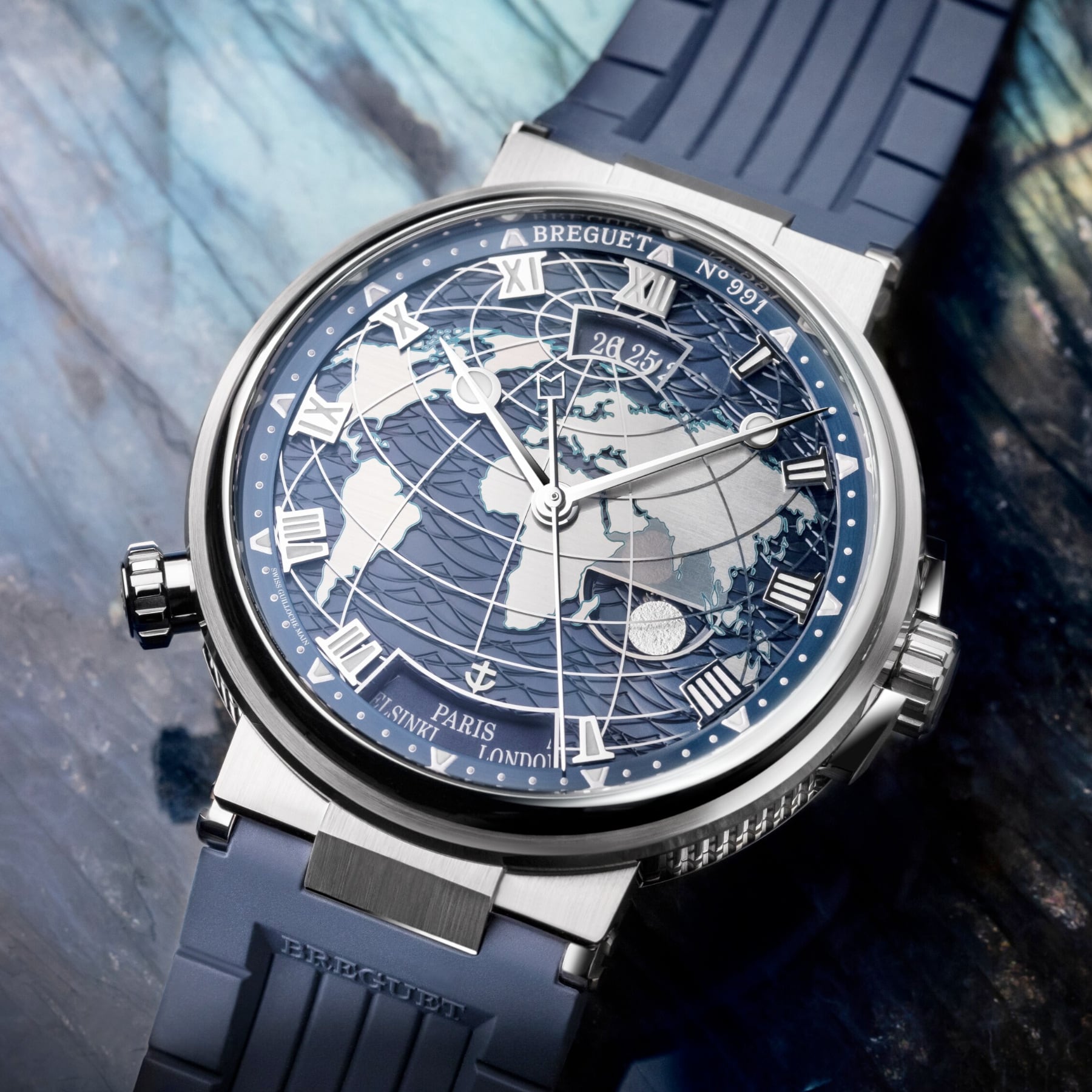 Breguet Marine Hora Mundi 5557 White Gold Blue Dial on Rubber Strap