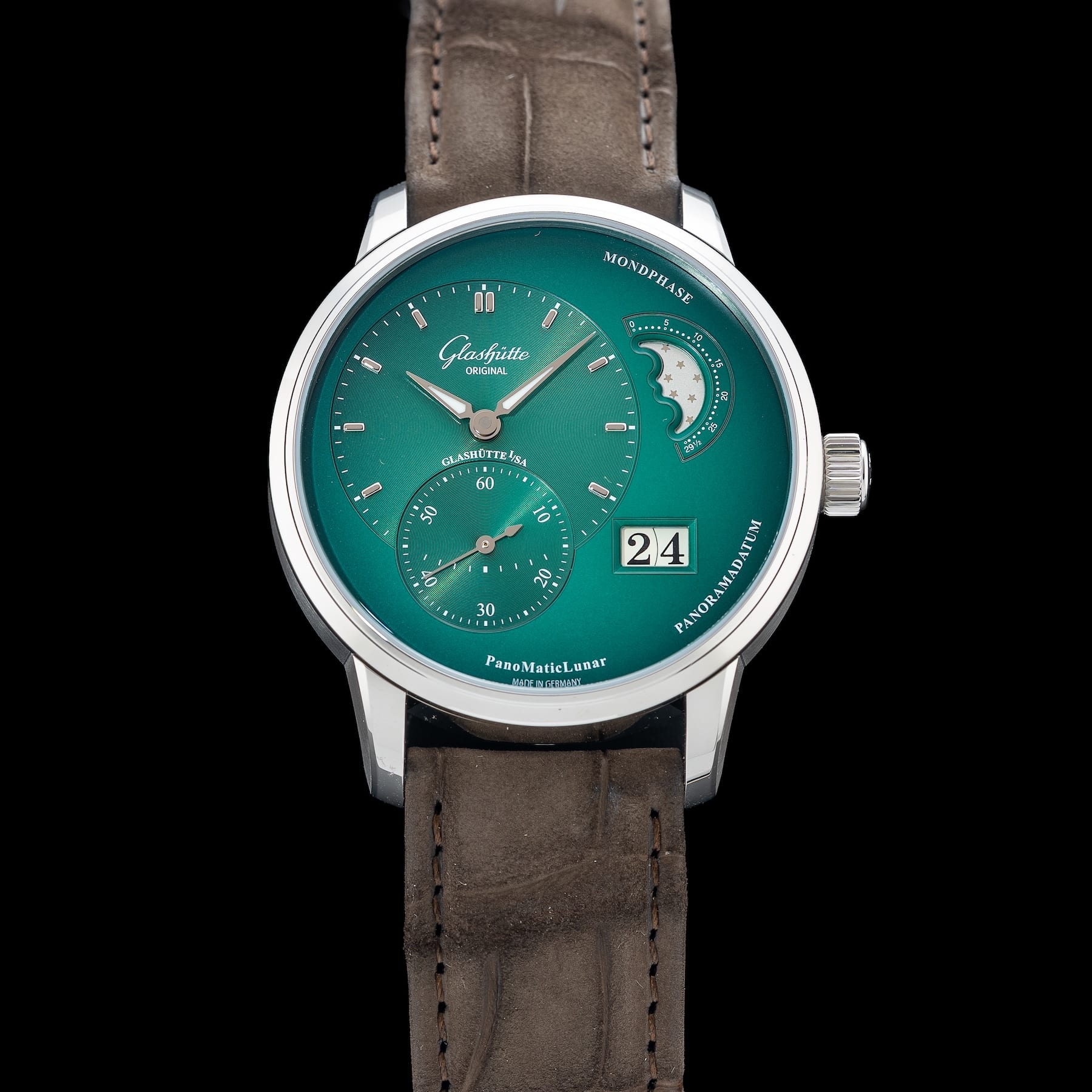 Glashütte Original PanoMaticLunar Green Dial on Leather Strap 1-90-02-13-32-62