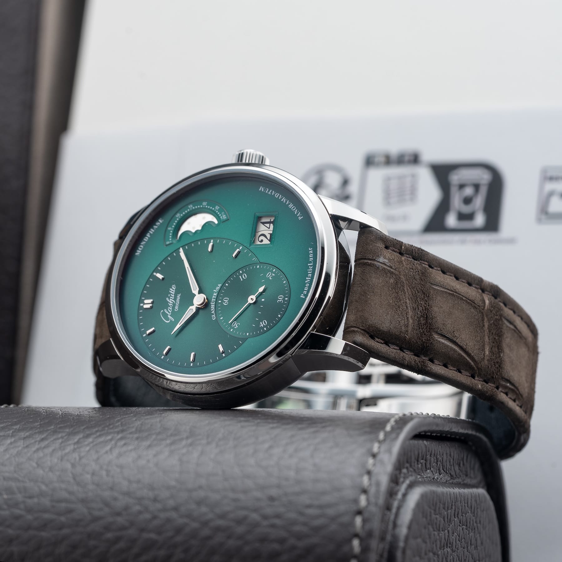 Glashütte Original PanoMaticLunar Green Dial on Leather Strap 1-90-02-13-32-62