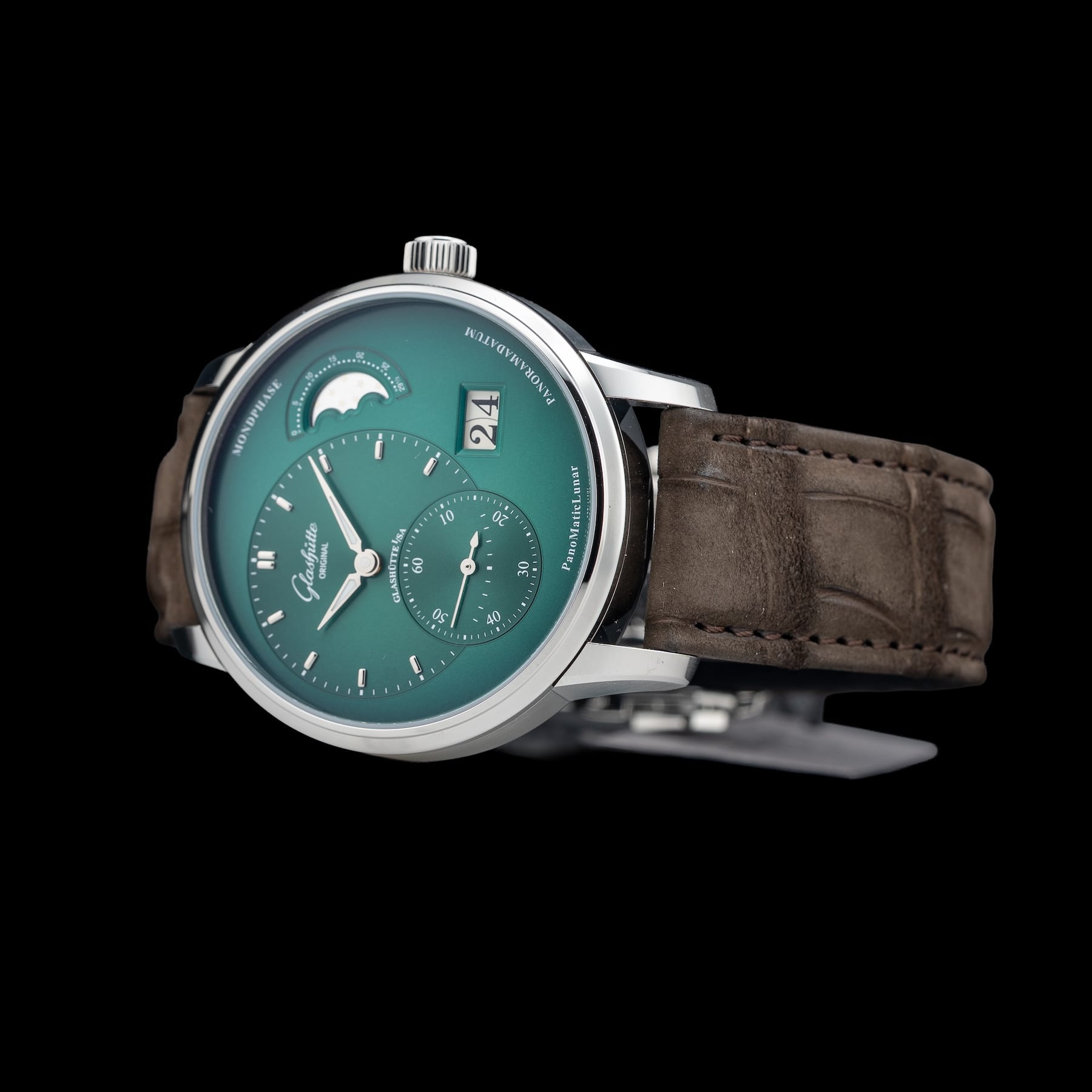 Glashütte Original PanoMaticLunar Green Dial on Leather Strap 1-90-02-13-32-62