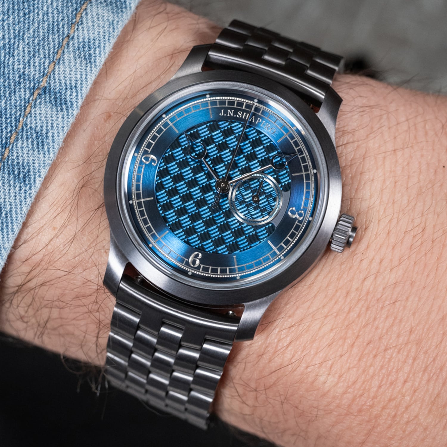 J.N. Shapiro Infinity Tantalum Guilloched and Blued Zirconium Dial On Bracelet