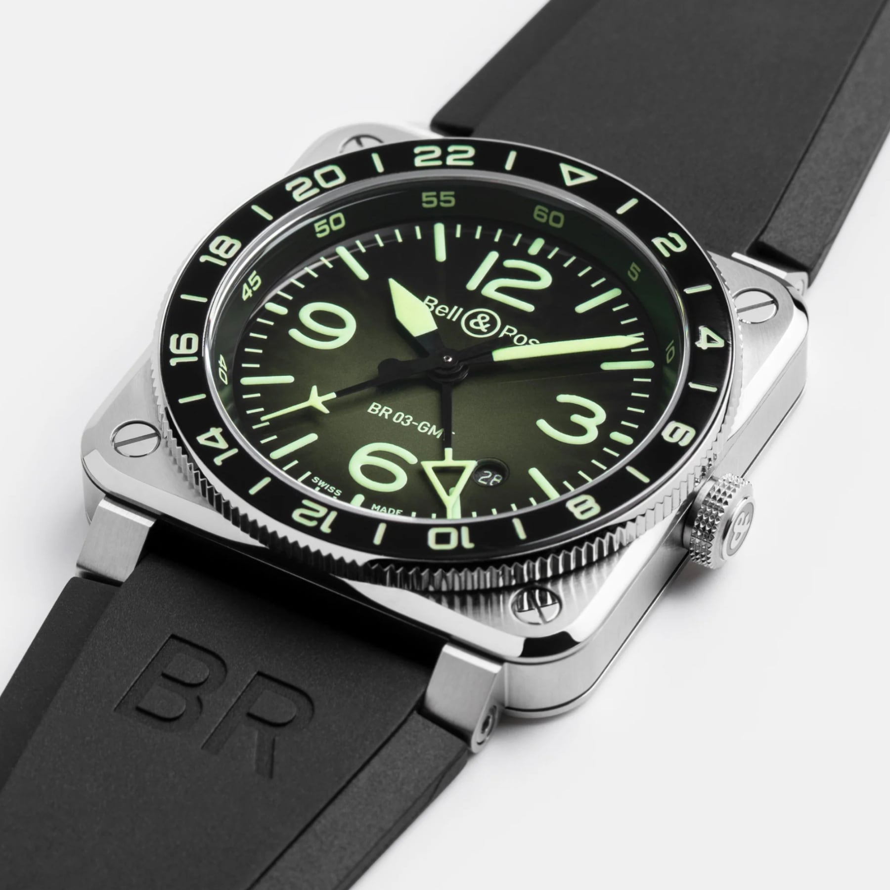 Bell & Ross BR03-93 GMT Lum Steel on Rubber Strap BR0393-GN-ST/SRB