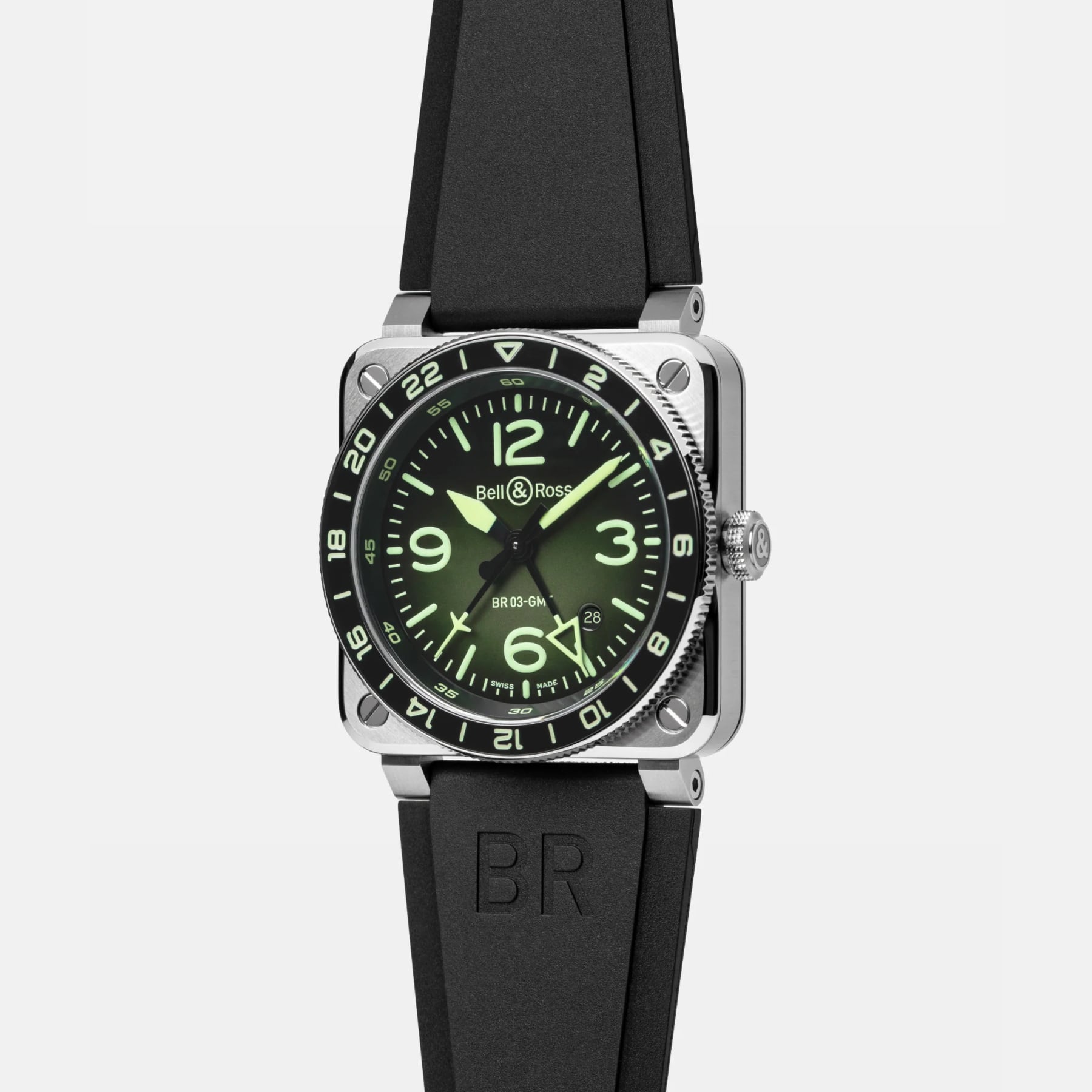 Bell & Ross BR03-93 GMT Lum Steel on Rubber Strap BR0393-GN-ST/SRB