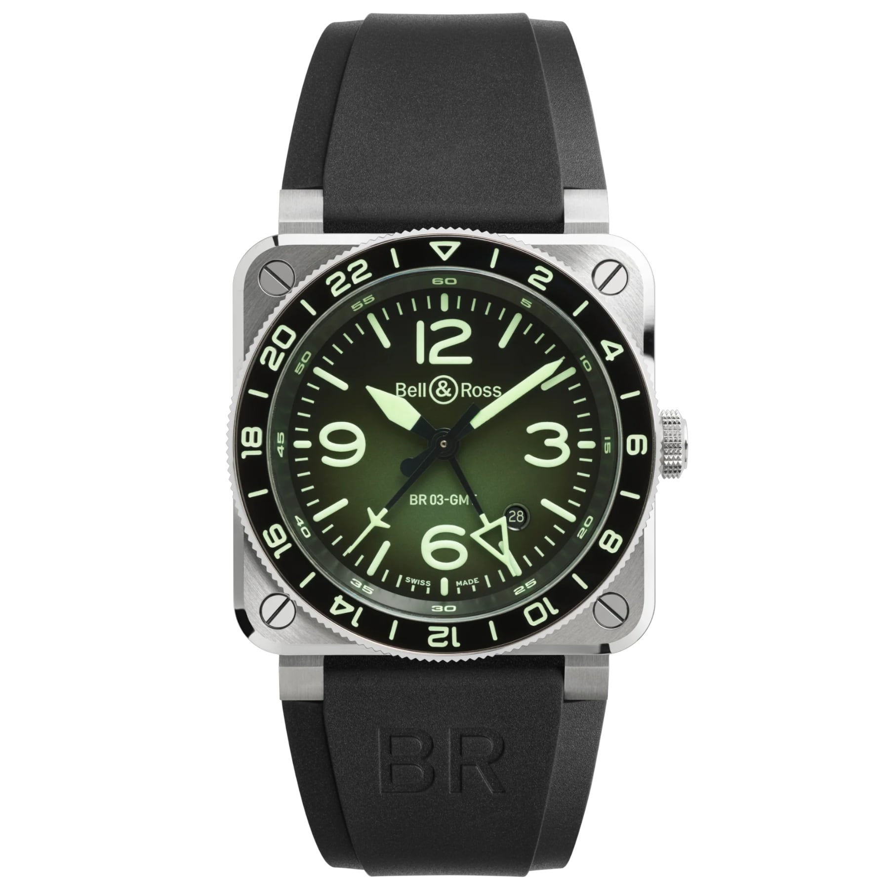 Bell & Ross BR03-93 GMT Lum Steel on Rubber Strap BR0393-GN-ST/SRB