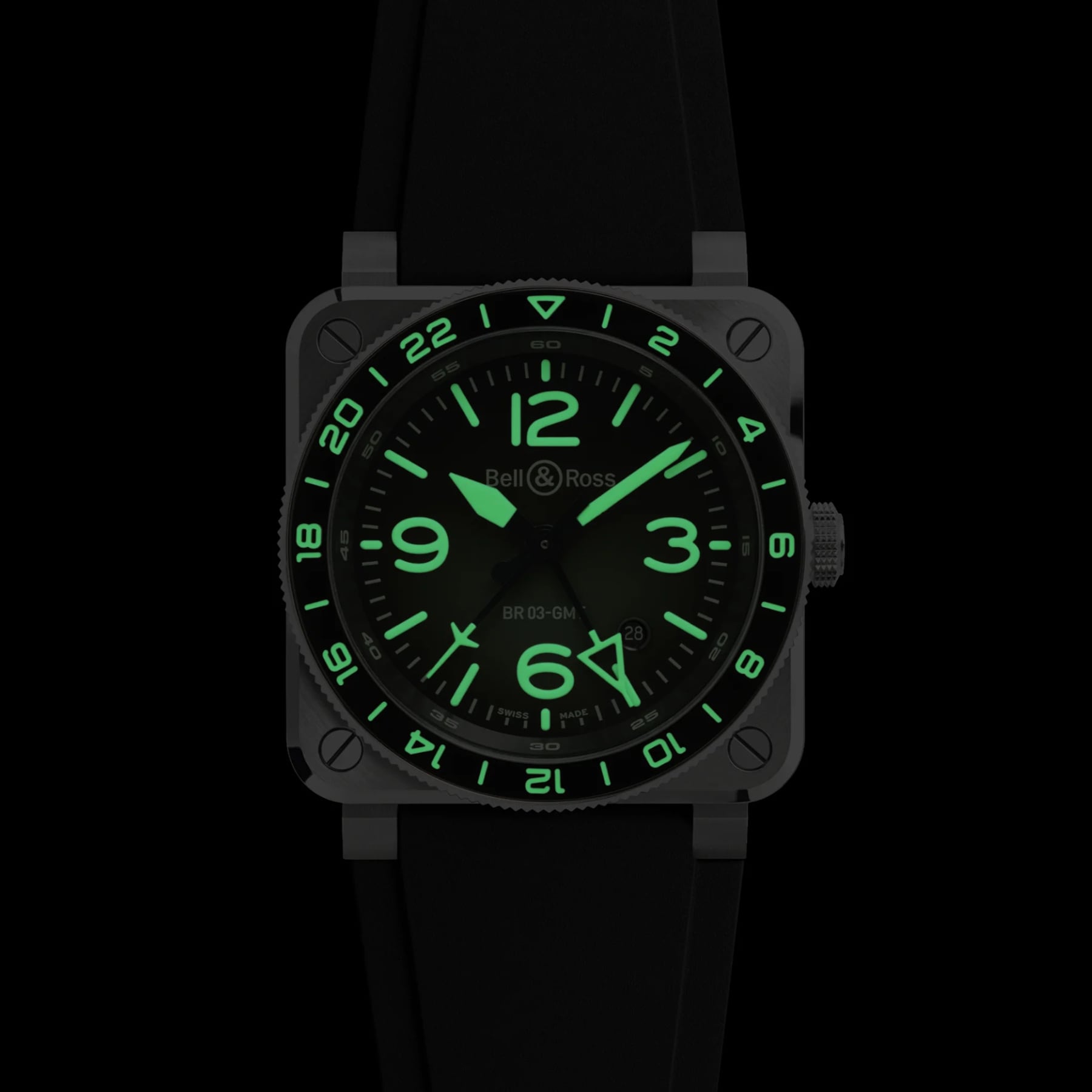 Bell & Ross BR03-93 GMT Lum Steel on Rubber Strap BR0393-GN-ST/SRB