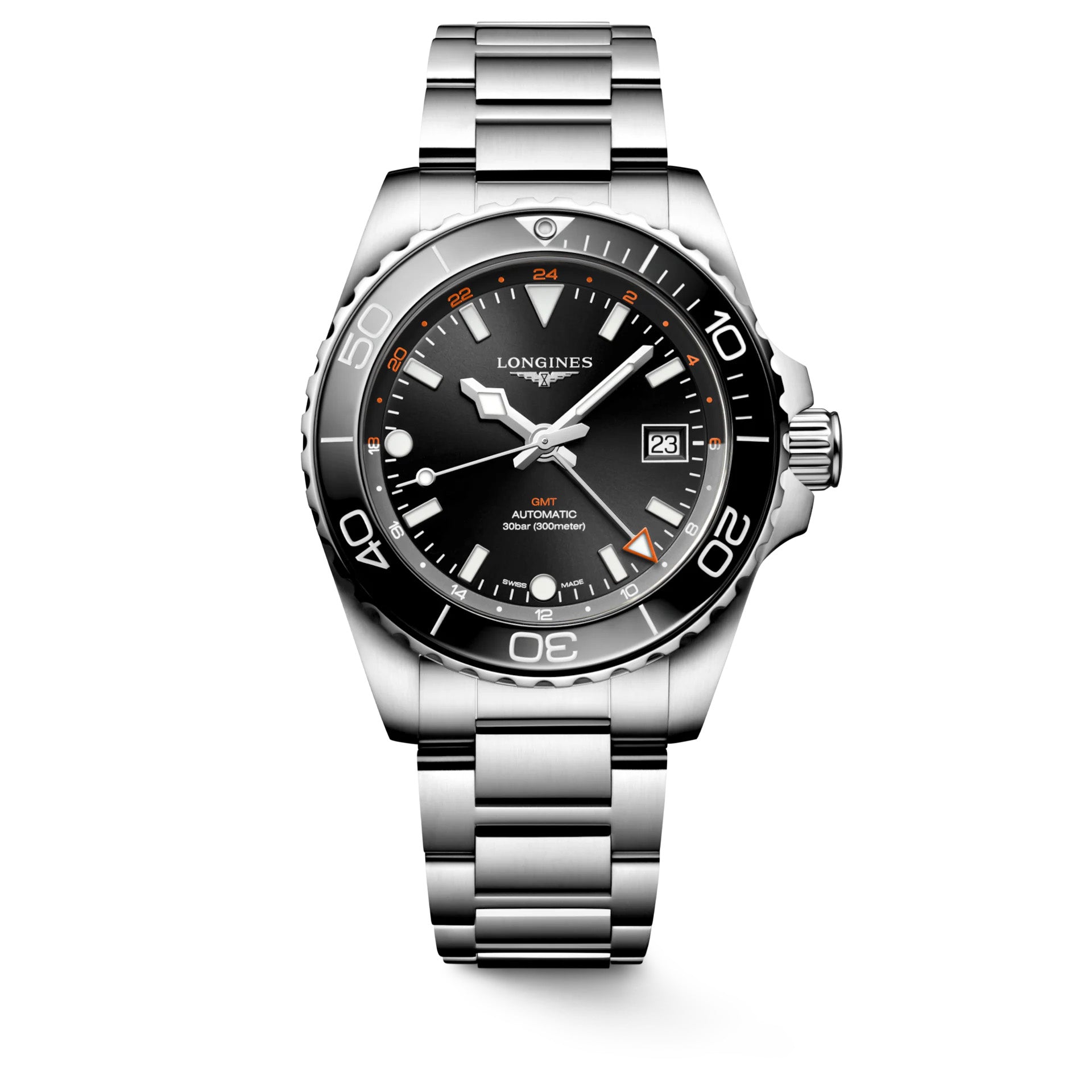 Longines Hydroconquest L3.790.4.56.6 GMT Sunray Black Dial on Bracelet