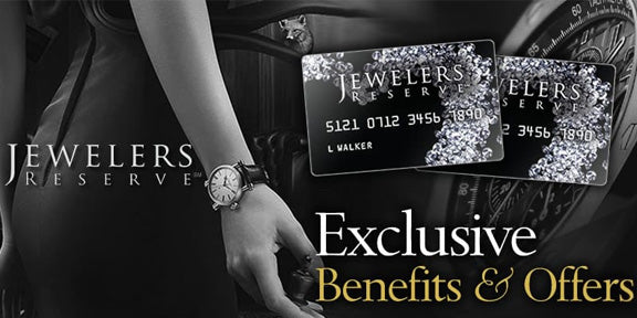 Jewelers Reserve credit cards and watch with promotional text on a dark background
