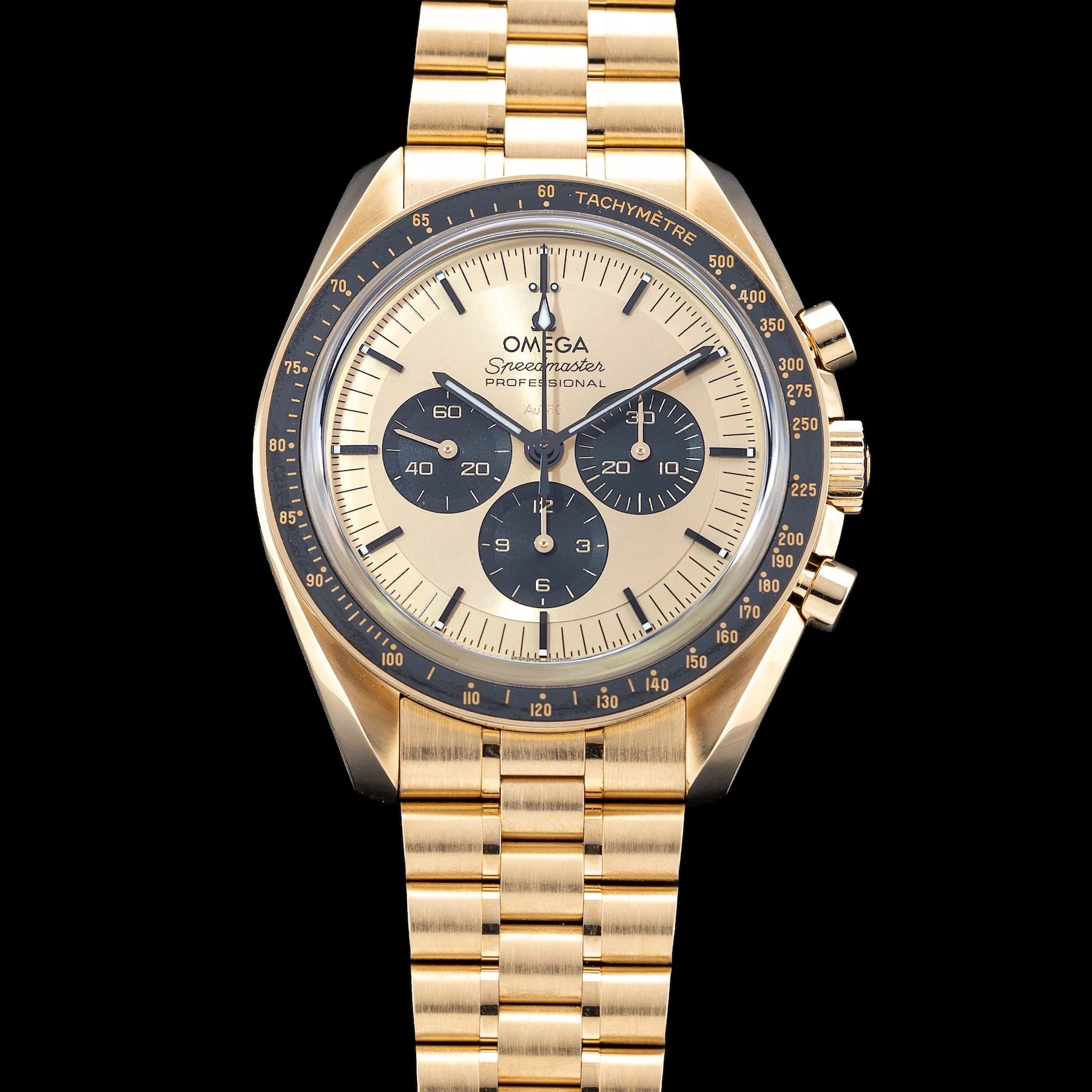 Omega 310.60.42.50.99.002 Speedmaster Moonwatch Professional Master Chronometer Moonshine Gold Dial on Bracelet