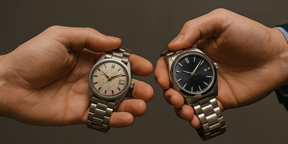 Two hands holding vintage wristwatches against a dark background