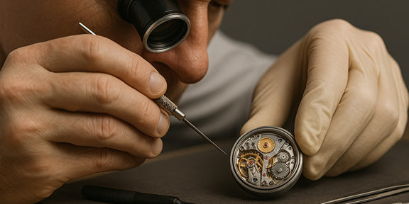 Person working on a watch mechanism with a magnifying glass and screwdriver.